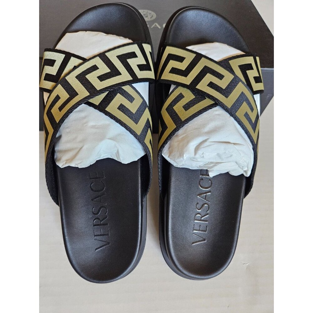 Versace Greca Crossover Slides Men Black/Gold Slip-On Leather Sole Size 8